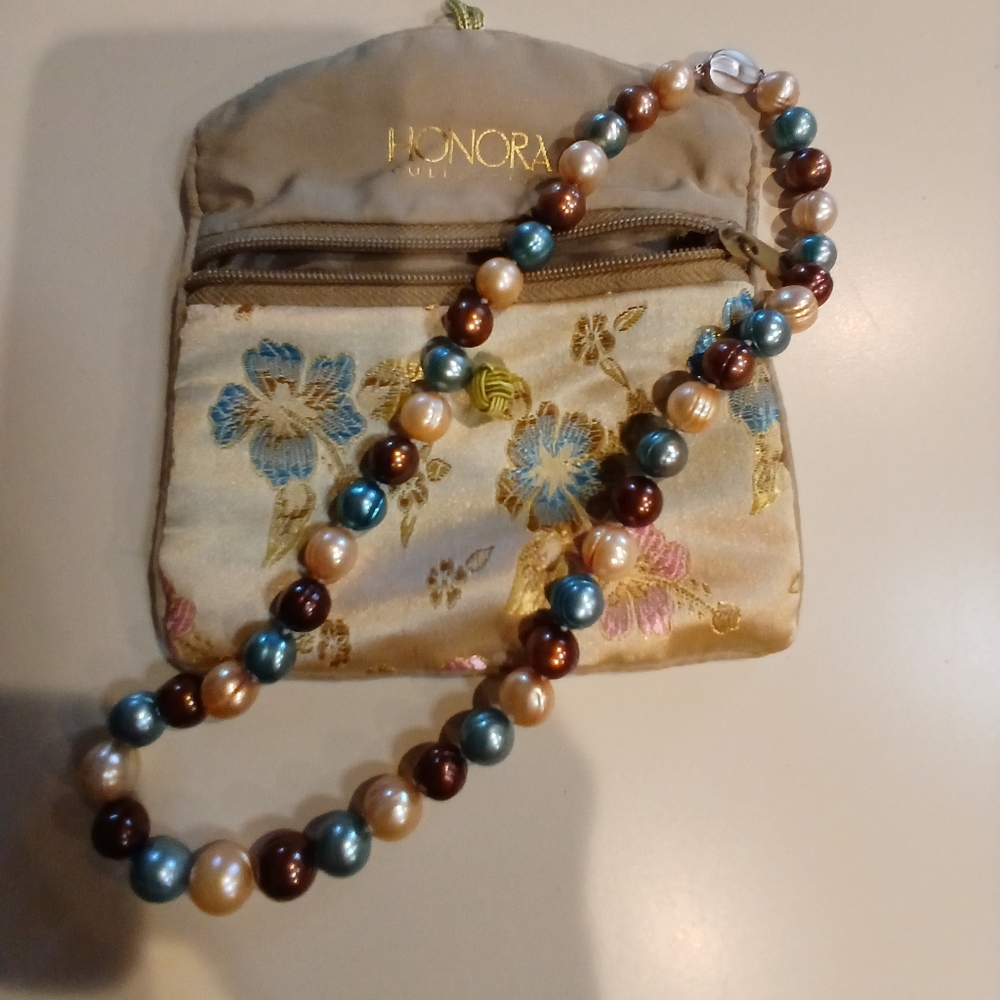 🌏🌟18" Honora Genuine Pearl Necklace 8-10mm. Teal, Taupe & Brown🌟🌏